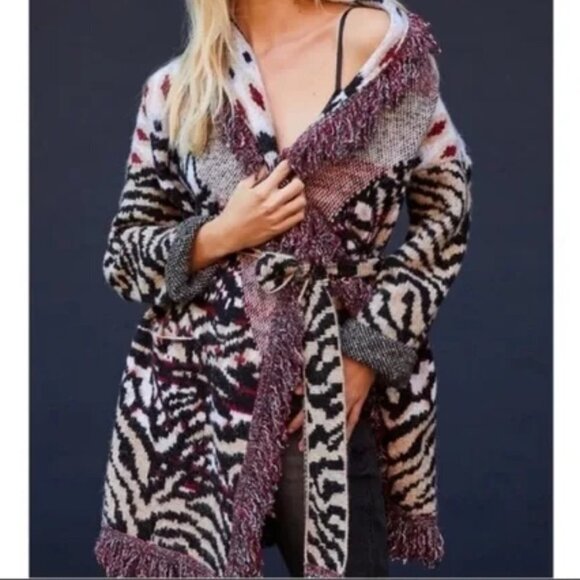 Anthropologie Sweater Women's 1X Paloma Fringed Animal Print Belted Cardigan - Picture 15 of 15